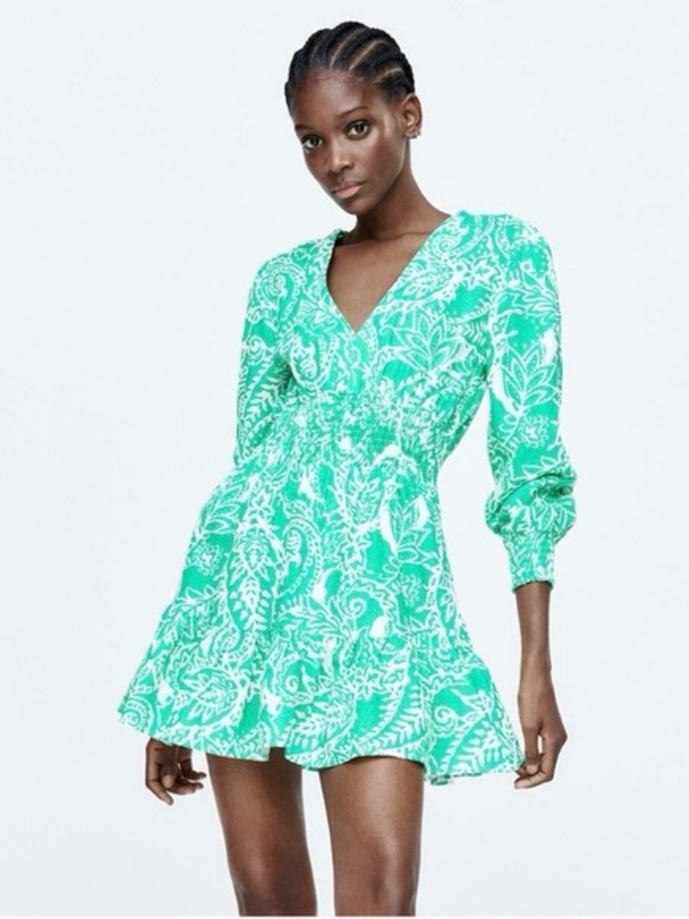 Zara Green & White Printed V-Neck Smocked-Waist Long Sleeve Dress